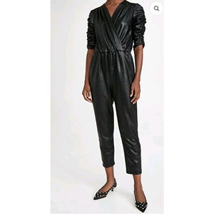Amanda Uprichard Annika Faux Leather Jumpsuit Ruched Sleeve Black Size Medium